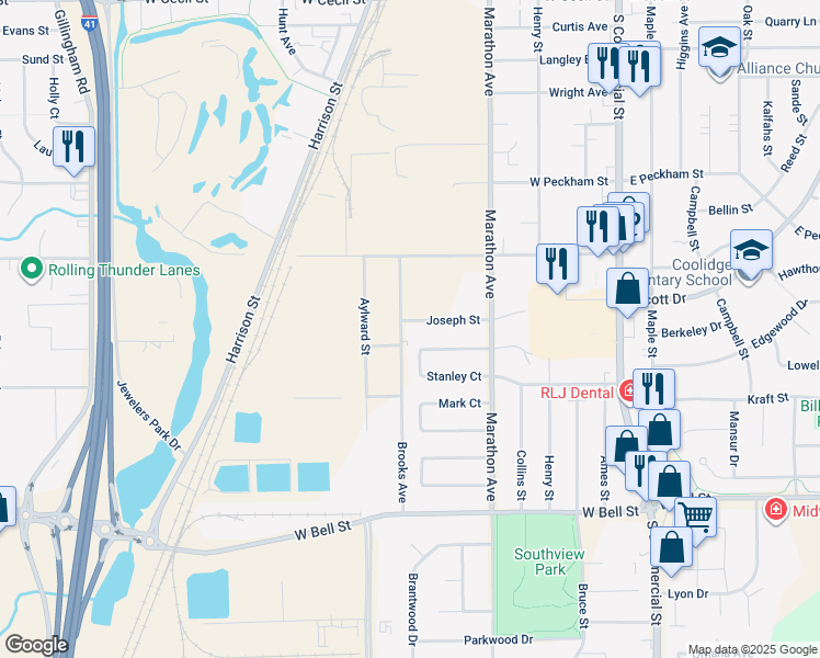 map of restaurants, bars, coffee shops, grocery stores, and more near 364 Stanley Court in Neenah