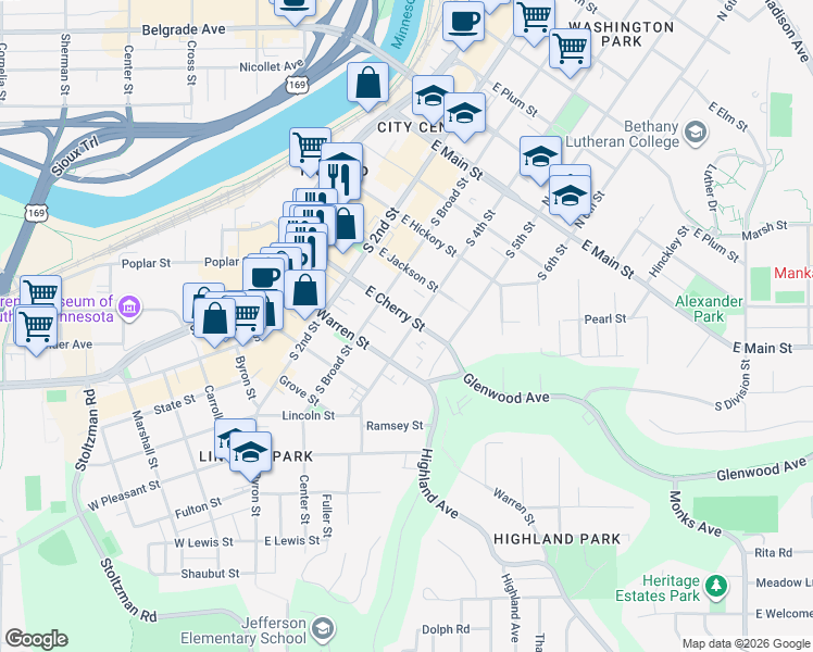 map of restaurants, bars, coffee shops, grocery stores, and more near 409 East Cherry Street in Mankato