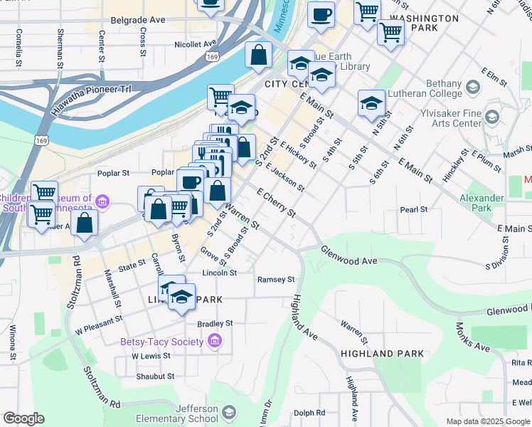 map of restaurants, bars, coffee shops, grocery stores, and more near 519 South Broad Street in Mankato
