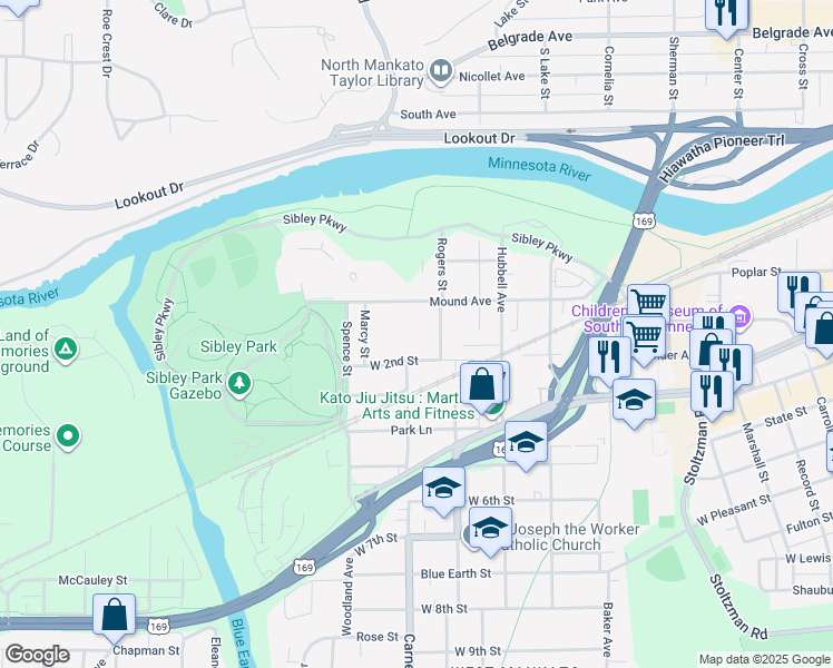 map of restaurants, bars, coffee shops, grocery stores, and more near 518 W 2nd St in Mankato