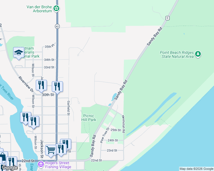 map of restaurants, bars, coffee shops, grocery stores, and more near 2716 Sandy Bay Road in Two Rivers