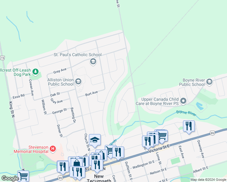 map of restaurants, bars, coffee shops, grocery stores, and more near 121 Hutchinson Drive in New Tecumseth