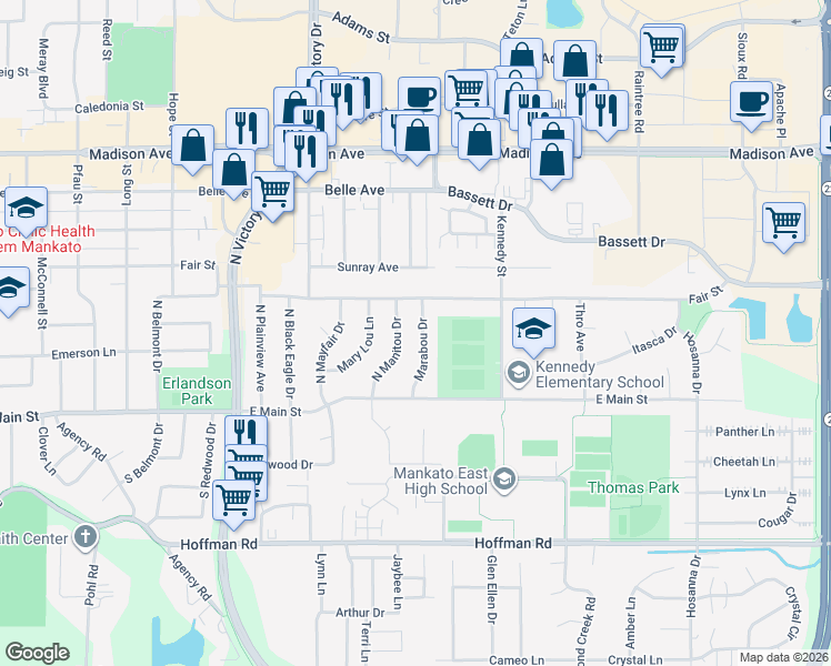 map of restaurants, bars, coffee shops, grocery stores, and more near 125 Marabou Drive in Mankato