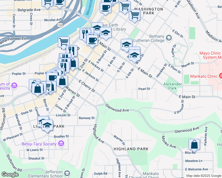 map of restaurants, bars, coffee shops, grocery stores, and more near 301 South 5th Street in Mankato