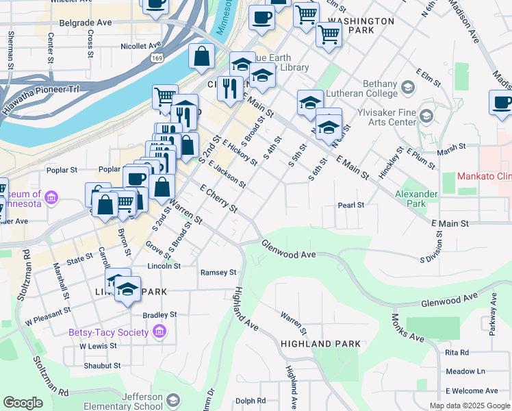 map of restaurants, bars, coffee shops, grocery stores, and more near 410 South 5th Street in Mankato