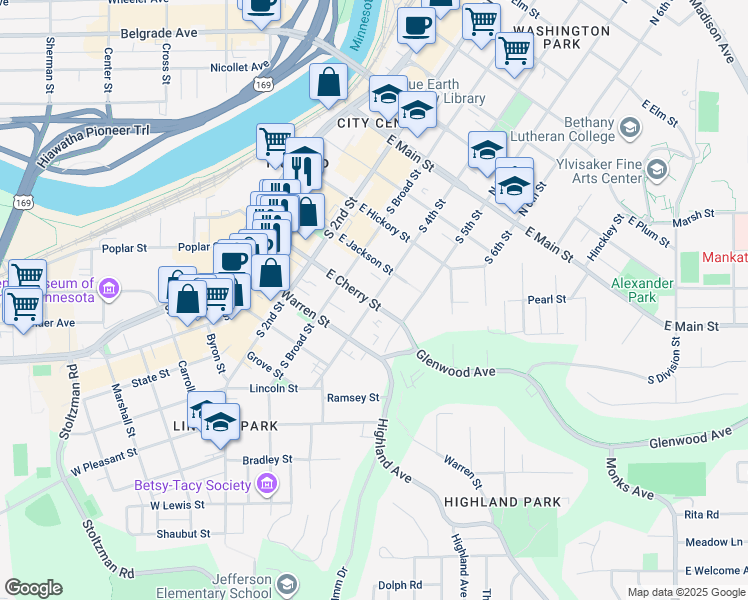 map of restaurants, bars, coffee shops, grocery stores, and more near 409 East Cherry Street in Mankato