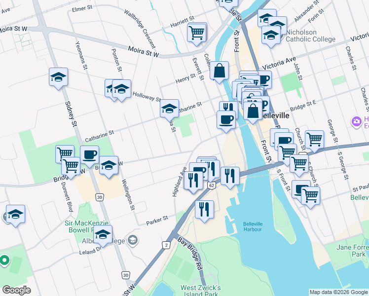 map of restaurants, bars, coffee shops, grocery stores, and more near 70 Bridge Street West in Belleville