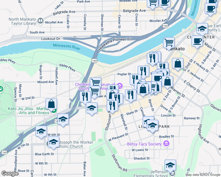 map of restaurants, bars, coffee shops, grocery stores, and more near Linder Ave in Mankato