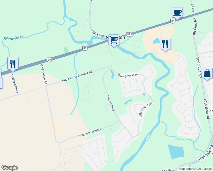 map of restaurants, bars, coffee shops, grocery stores, and more near 17 Sunset Boulevard in New Tecumseth