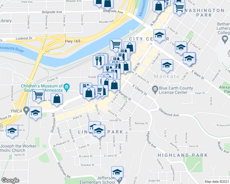 map of restaurants, bars, coffee shops, grocery stores, and more near 632 South 2nd Street in Mankato