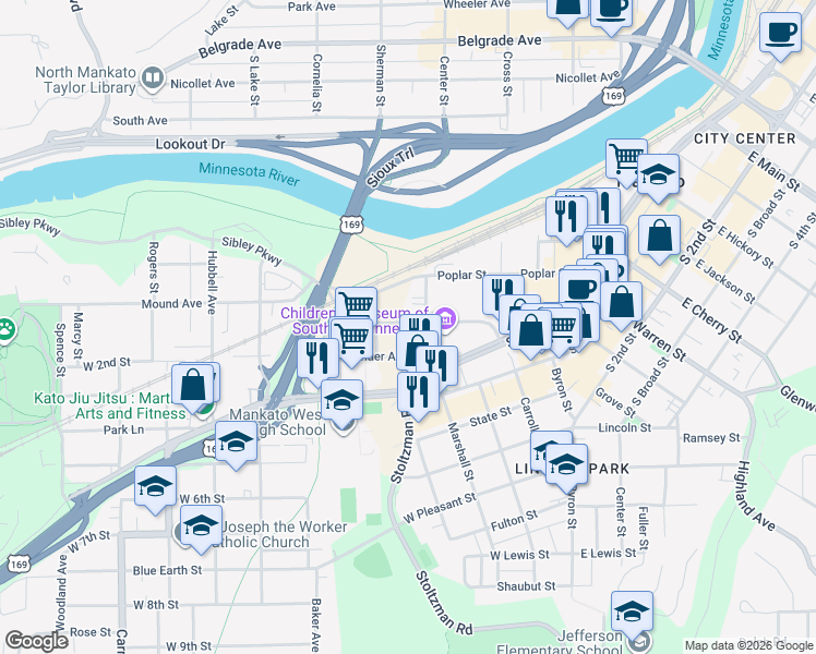 map of restaurants, bars, coffee shops, grocery stores, and more near Linder Ave in Mankato