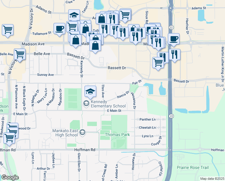 map of restaurants, bars, coffee shops, grocery stores, and more near 10 Flicka Court in Mankato