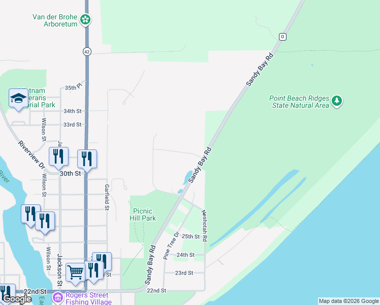 map of restaurants, bars, coffee shops, grocery stores, and more near 2716 Sandy Bay Road in Two Rivers