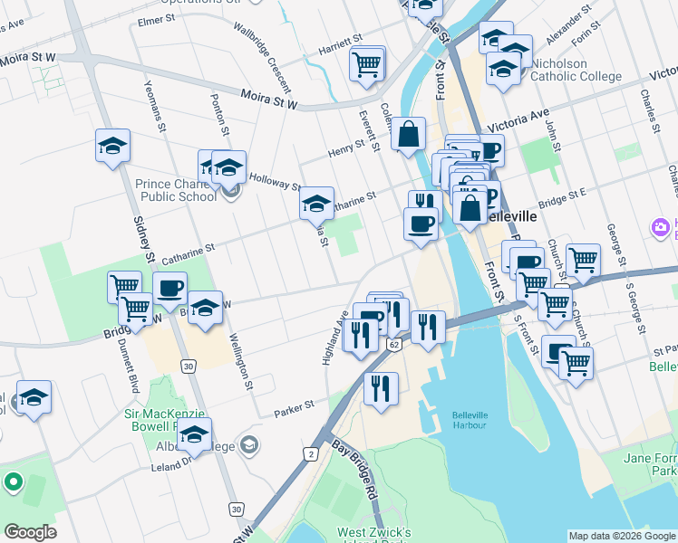 map of restaurants, bars, coffee shops, grocery stores, and more near 81 Bridge Street West in Belleville