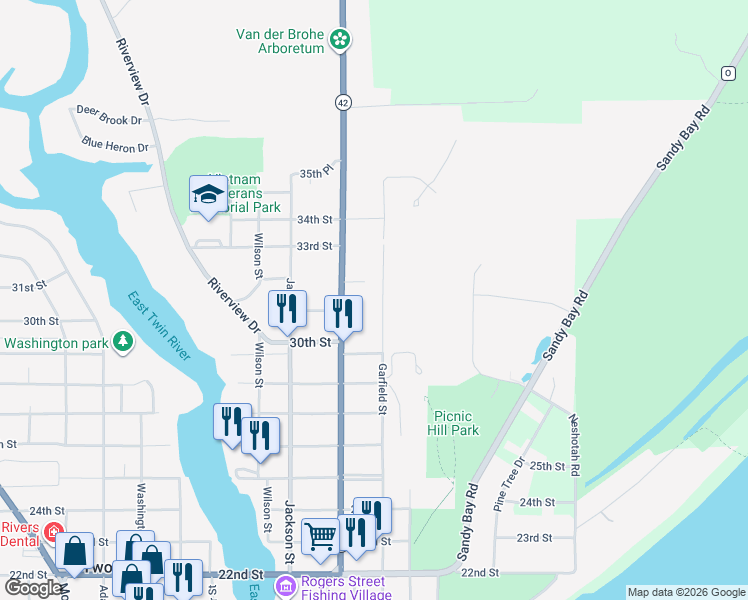 map of restaurants, bars, coffee shops, grocery stores, and more near 3114 Garfield Street in Two Rivers