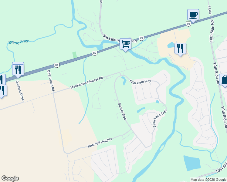 map of restaurants, bars, coffee shops, grocery stores, and more near 5 Belair Place in New Tecumseth