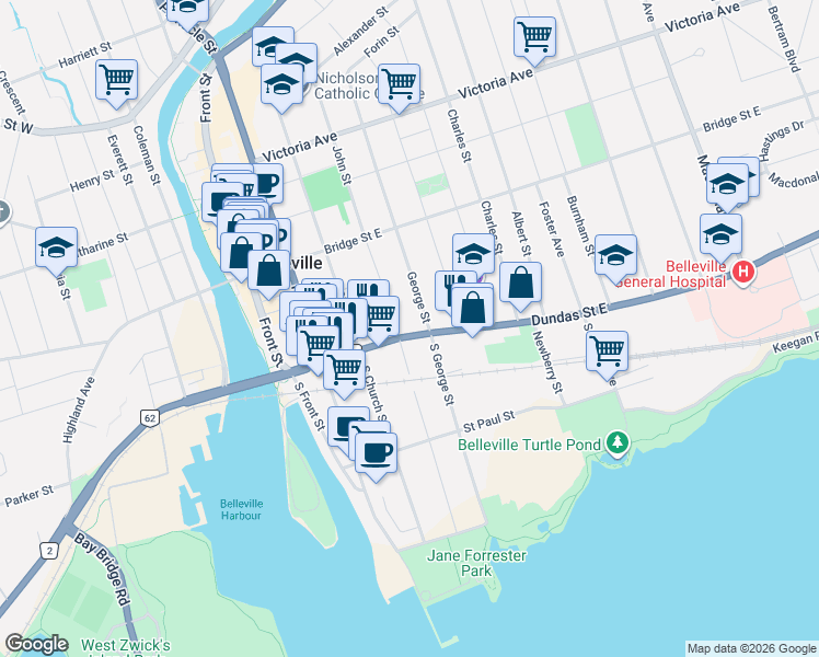 map of restaurants, bars, coffee shops, grocery stores, and more near 94 Dundas Street East in Belleville