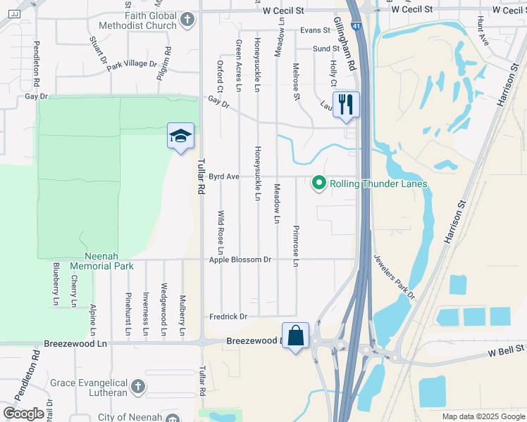 map of restaurants, bars, coffee shops, grocery stores, and more near 1236 Honeysuckle Lane in Neenah