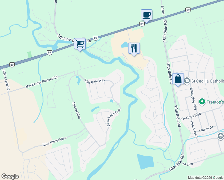 map of restaurants, bars, coffee shops, grocery stores, and more near 43 Bella Vista Trail in New Tecumseth