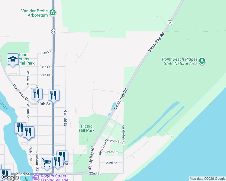 map of restaurants, bars, coffee shops, grocery stores, and more near 2716 Sandy Bay Road in Two Rivers