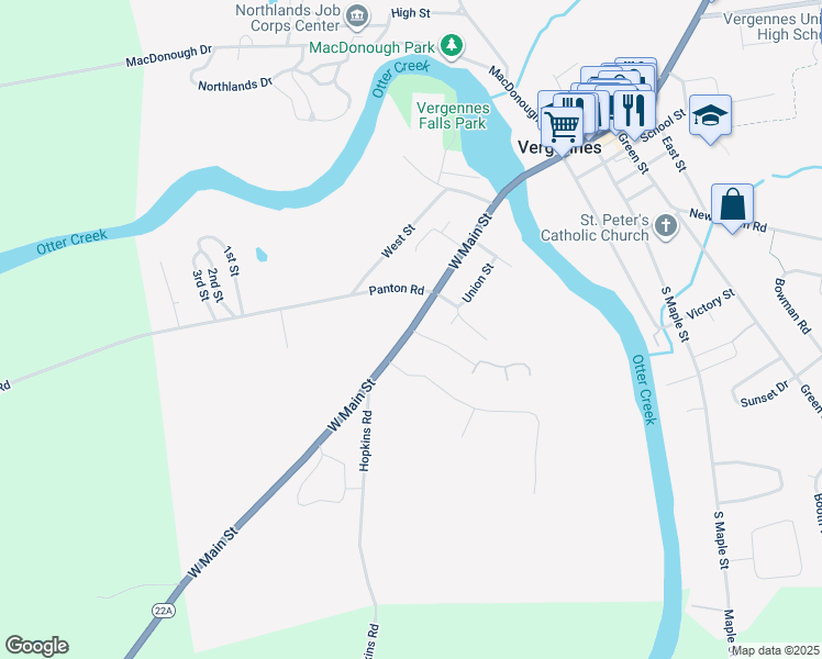 map of restaurants, bars, coffee shops, grocery stores, and more near 82 West Main Street in Vergennes