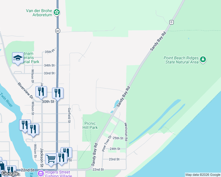 map of restaurants, bars, coffee shops, grocery stores, and more near 2716 Sandy Bay Road in Two Rivers