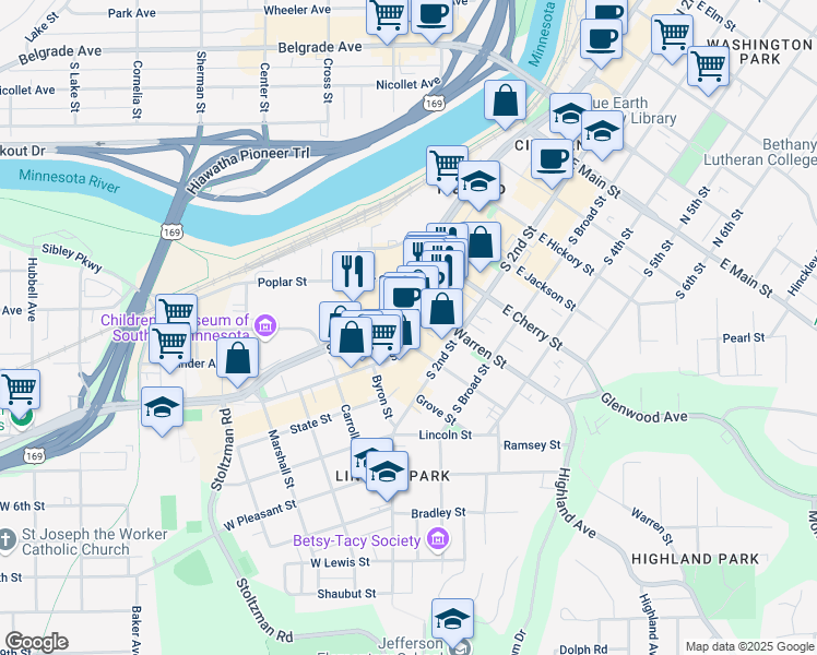 map of restaurants, bars, coffee shops, grocery stores, and more near 701 South Front Street in Mankato
