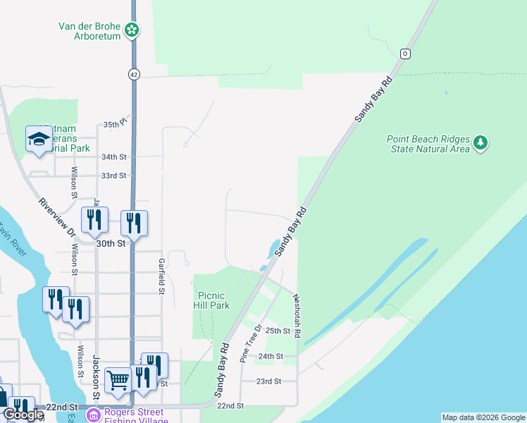 map of restaurants, bars, coffee shops, grocery stores, and more near 2716 Sandy Bay Road in Two Rivers