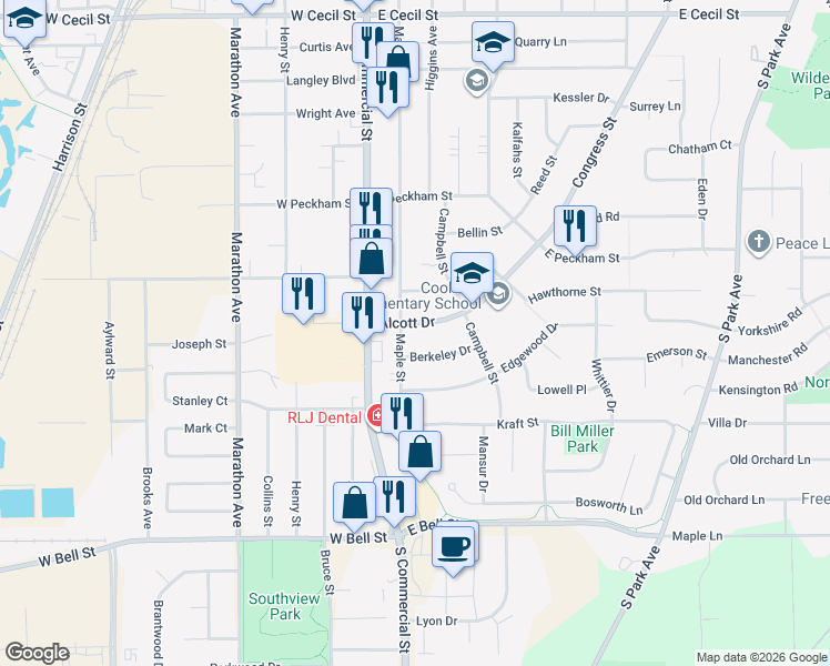 map of restaurants, bars, coffee shops, grocery stores, and more near 219 Berkeley Street in Neenah