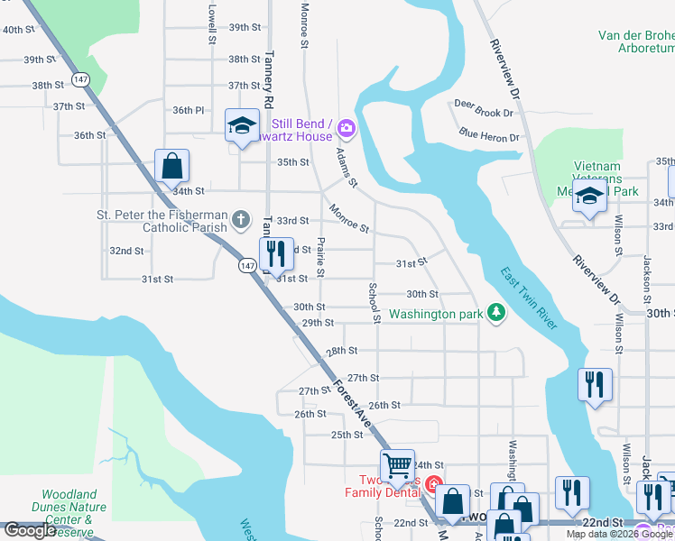 map of restaurants, bars, coffee shops, grocery stores, and more near 3202 Prairie Street in Two Rivers