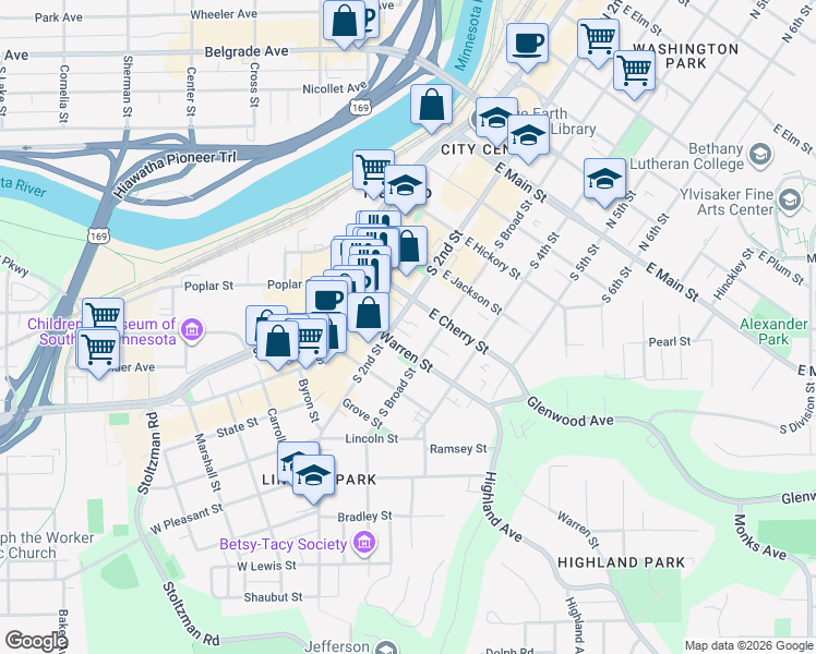 map of restaurants, bars, coffee shops, grocery stores, and more near in Mankato