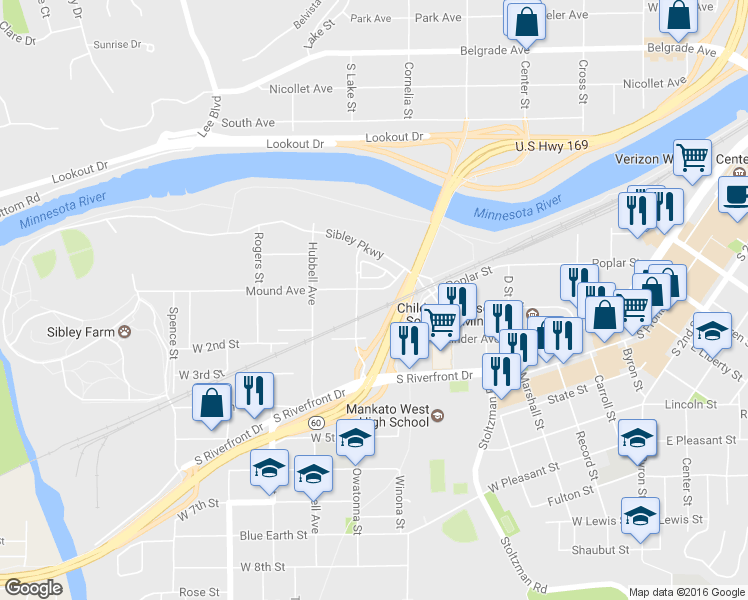 map of restaurants, bars, coffee shops, grocery stores, and more near 225 Mound Avenue in Mankato