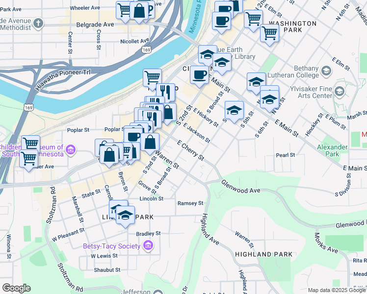 map of restaurants, bars, coffee shops, grocery stores, and more near 430 South Broad Street in Mankato