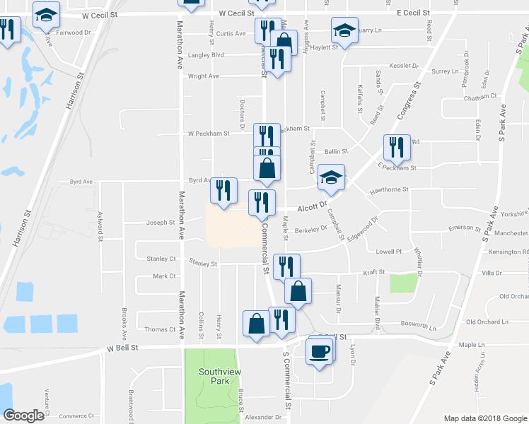 map of restaurants, bars, coffee shops, grocery stores, and more near 1405 South Commercial Street in Neenah