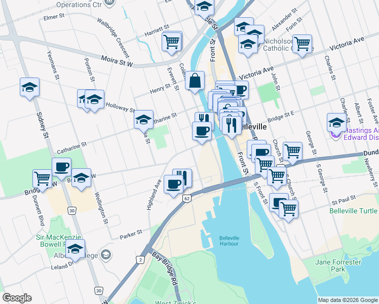 map of restaurants, bars, coffee shops, grocery stores, and more near 31-33 Bridge Street West in Belleville