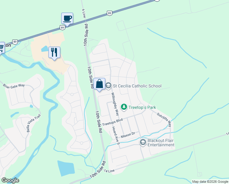 map of restaurants, bars, coffee shops, grocery stores, and more near 79 Willoughby Way in New Tecumseth