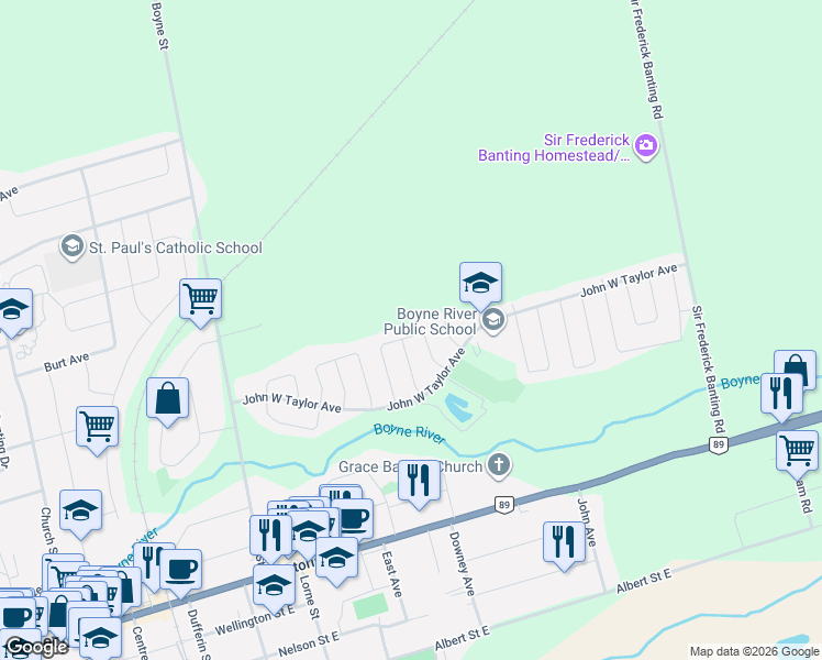 map of restaurants, bars, coffee shops, grocery stores, and more near 40 Steele Street in New Tecumseth