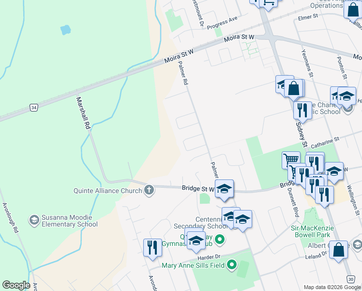 map of restaurants, bars, coffee shops, grocery stores, and more near 49 Sherwood Crescent in Belleville