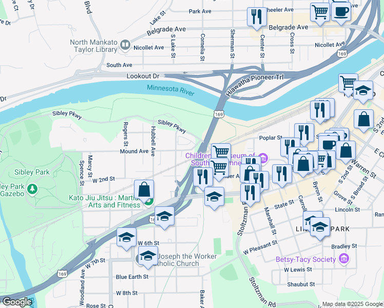 map of restaurants, bars, coffee shops, grocery stores, and more near 225 Mound Avenue in Mankato