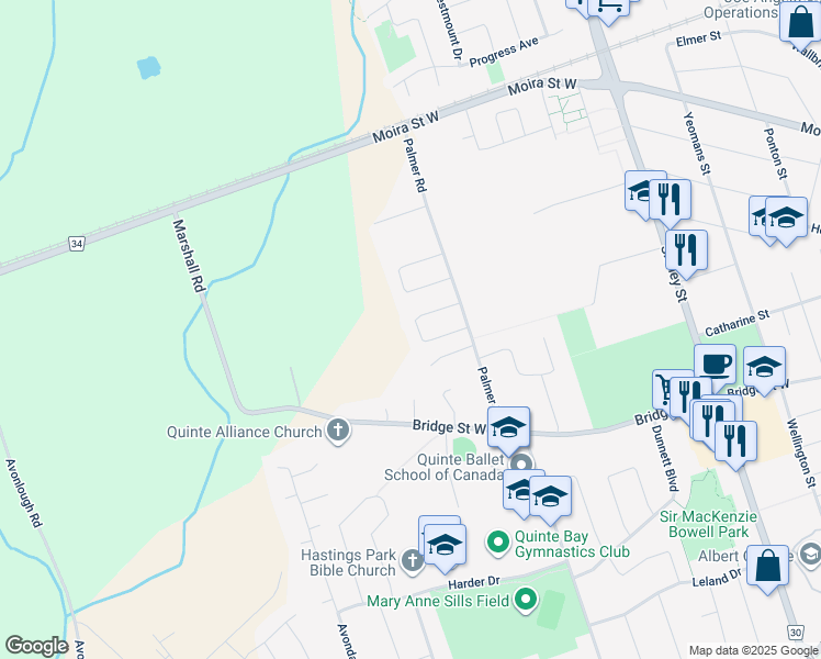 map of restaurants, bars, coffee shops, grocery stores, and more near 39 Sherwood Crescent in Belleville