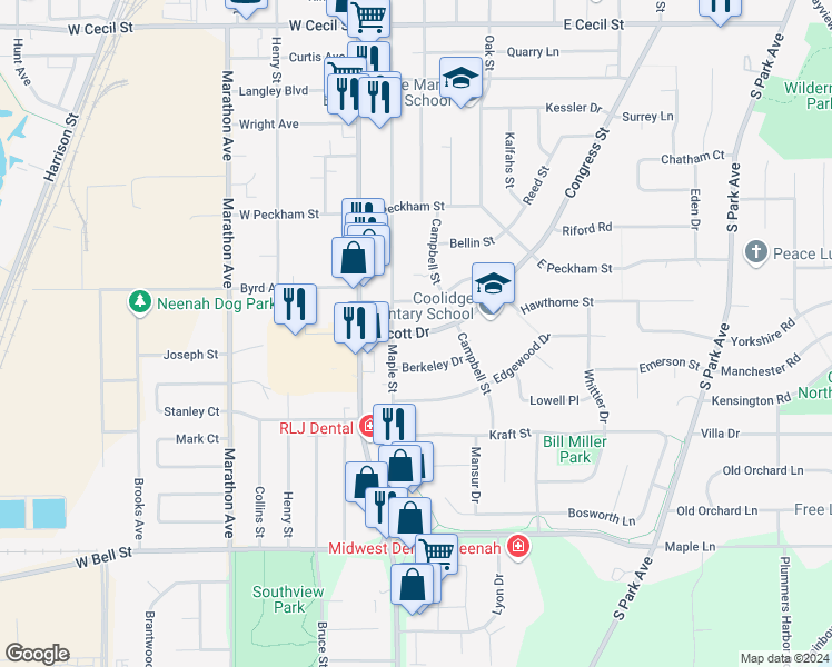 map of restaurants, bars, coffee shops, grocery stores, and more near 237 Alcott Drive in Neenah