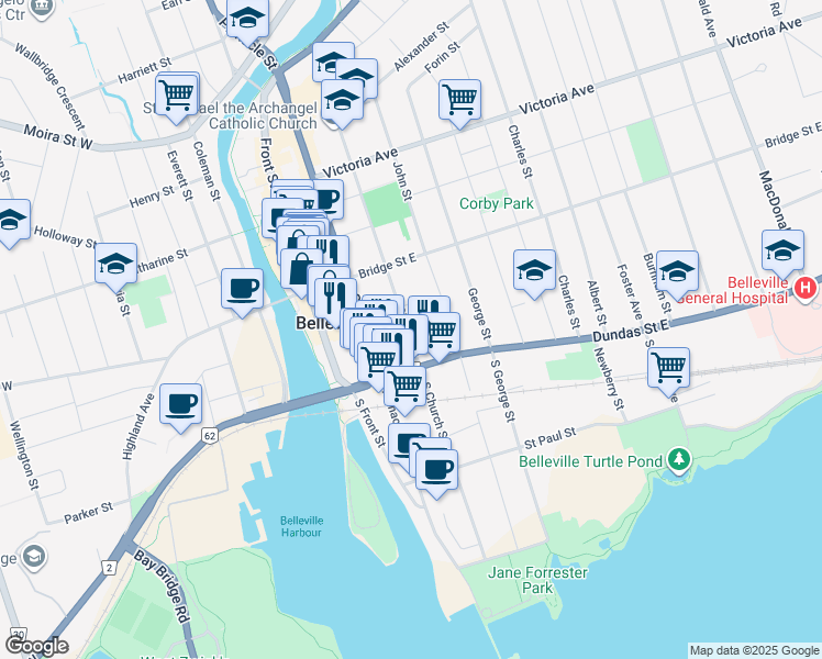 map of restaurants, bars, coffee shops, grocery stores, and more near 161 Church Street in Belleville
