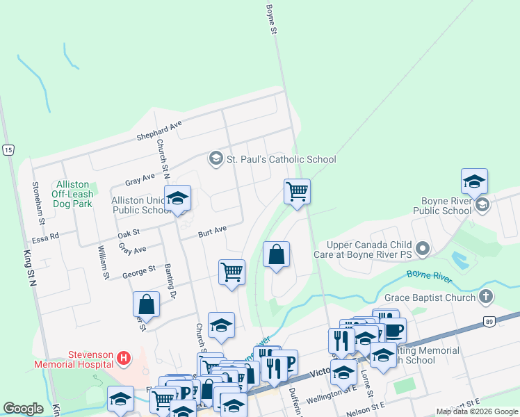 map of restaurants, bars, coffee shops, grocery stores, and more near 130 Hutchinson Drive in New Tecumseth