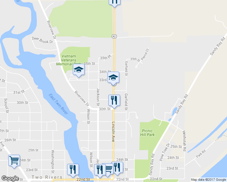 map of restaurants, bars, coffee shops, grocery stores, and more near 3204 Lincoln Avenue in Two Rivers