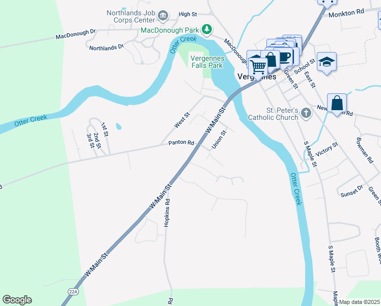 map of restaurants, bars, coffee shops, grocery stores, and more near 78 West Main Street in Vergennes