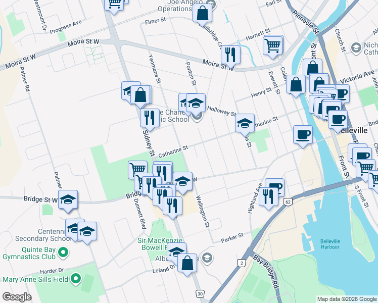 map of restaurants, bars, coffee shops, grocery stores, and more near 135 Catharine Street in Belleville