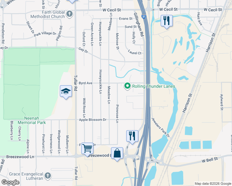 map of restaurants, bars, coffee shops, grocery stores, and more near 1213 Primrose Lane in Neenah