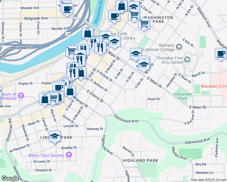 map of restaurants, bars, coffee shops, grocery stores, and more near 410 East Jackson Street in Mankato