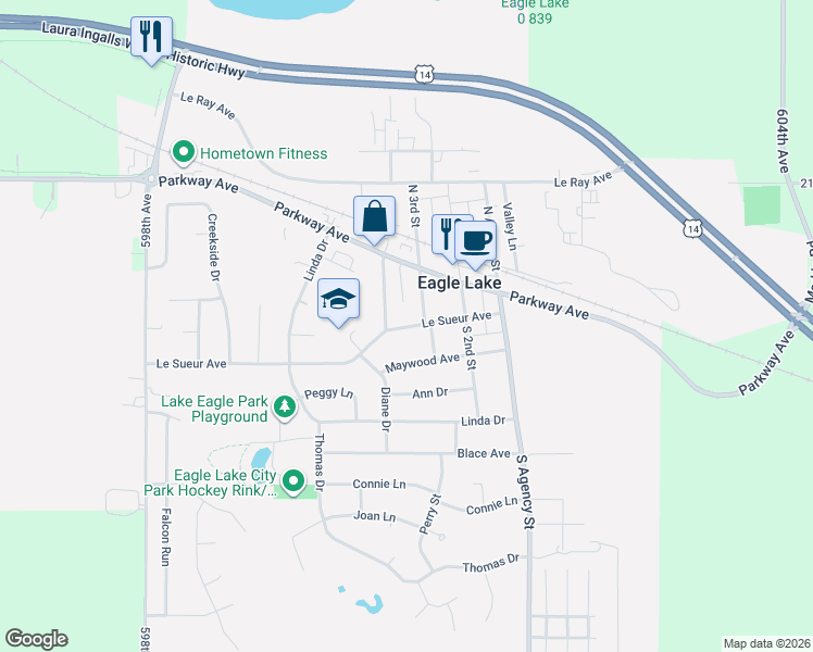 map of restaurants, bars, coffee shops, grocery stores, and more near 312 Le Sueur Avenue in Eagle Lake