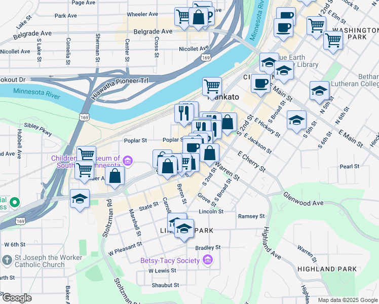 map of restaurants, bars, coffee shops, grocery stores, and more near 602 South Front Street in Mankato